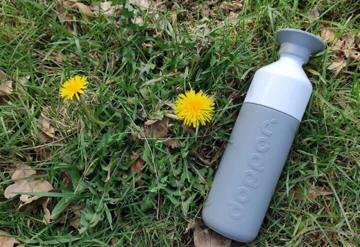 Grijze Dopper-fles met witte dop tussen gras en twee gele paardenbloemen