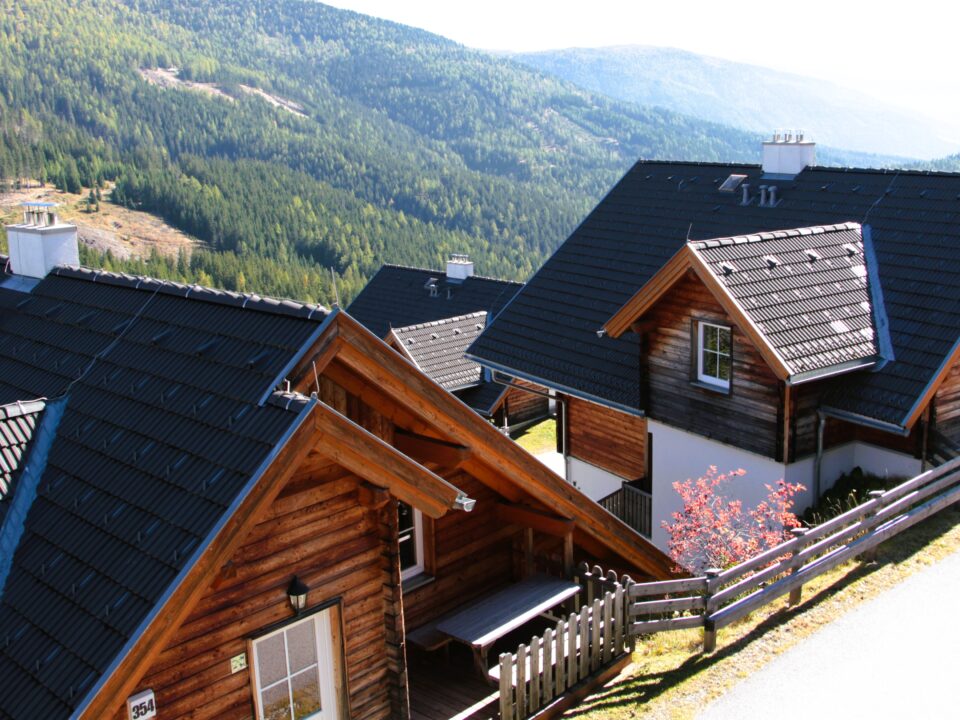 Review Landal Katschberg Oostenrijk 1 Houten chalets met donkere daken tegen een beboste berghelling