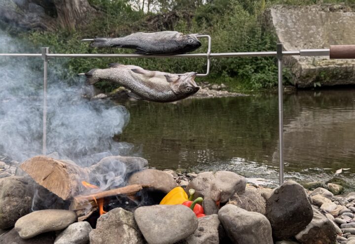 Twee vissen aan een metalen braadspies boven een rokend kampvuur bij een beek