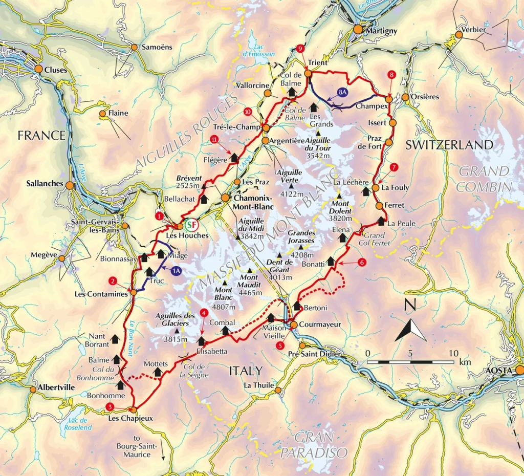 Tour du Mont Blanc zelf plannen: het begin 19 trekking the tour du mont blanc overview map 1228 742