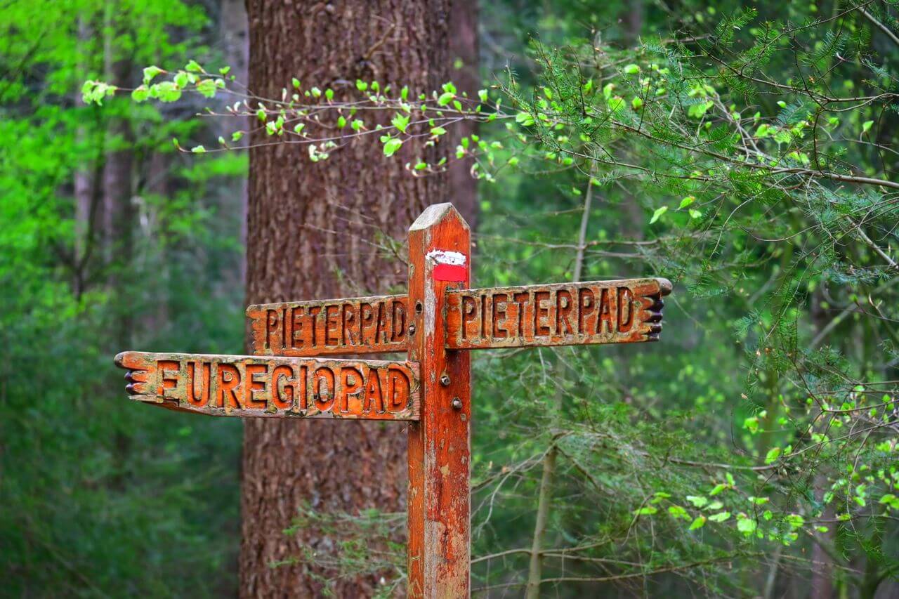 Pieterpad: de complete gids van Pieterburen naar Maastricht 3 Wegwijzer langs het Pieterpad in het Bergherbos bij Beek.