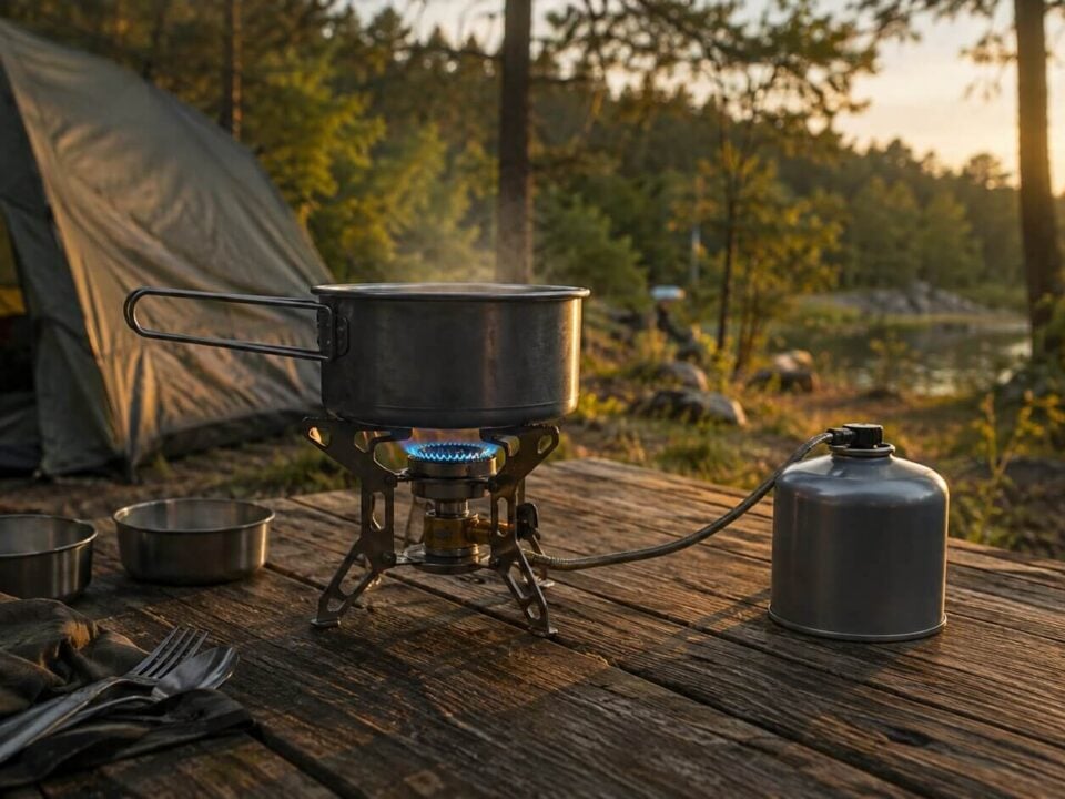 Gasverbruik calculator: hoeveel gas neem je mee? 1 Gasbrander met pan en gasfles op een houten tafel naast een tent