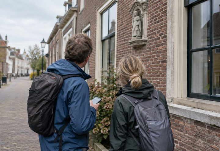 Twee wandelaars met rugzakken bekijken een telefoon naast een historisch bakstenen gebouw