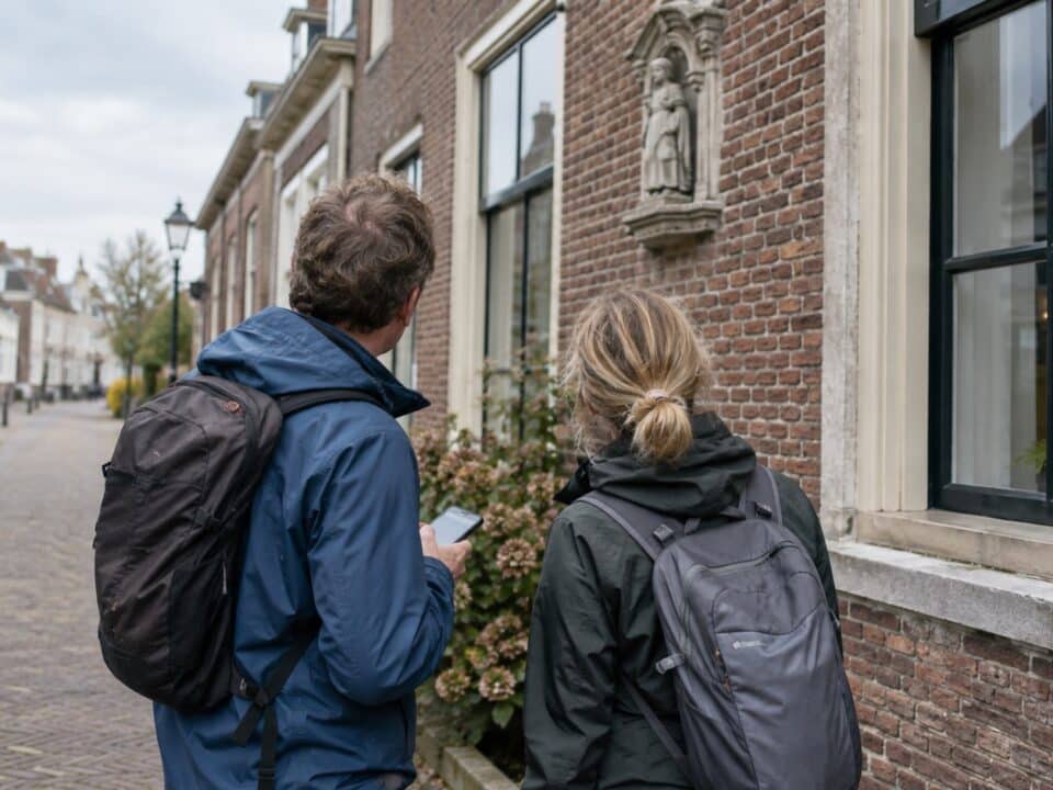 Twee wandelaars met rugzakken bekijken een telefoon naast een historisch bakstenen gebouw