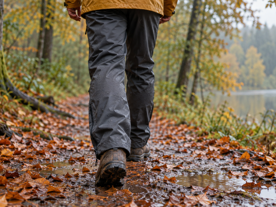 Wandelaar met donkere regenbroek en wandelschoenen op een nat herfstpad