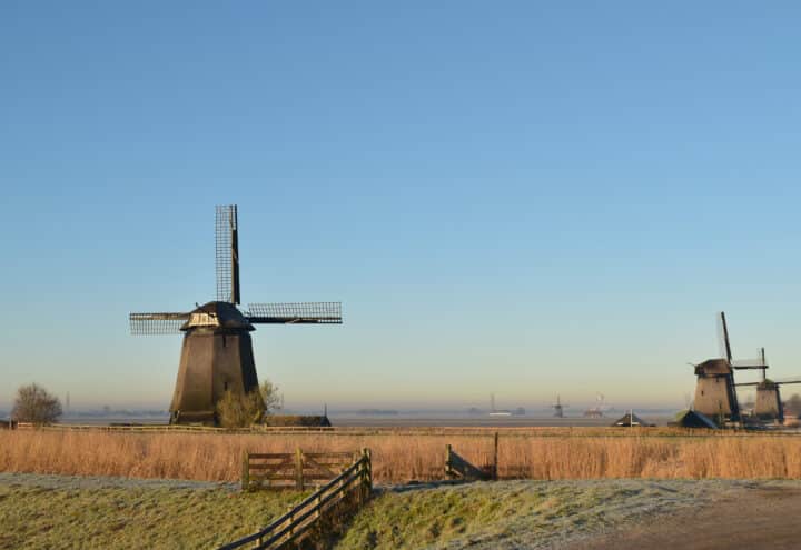 Drie windmolens in een bevroren polderlandschap met een houten hek op de voorgrond
