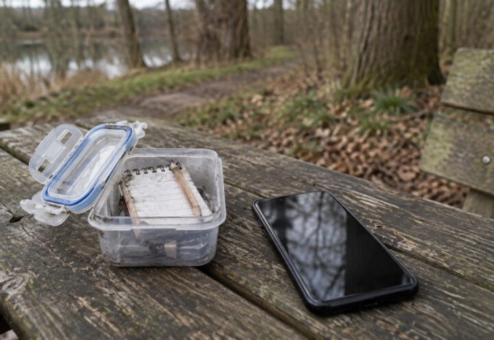Open kunststof doos met logboek en smartphone op een houten picknicktafel bij een vijver