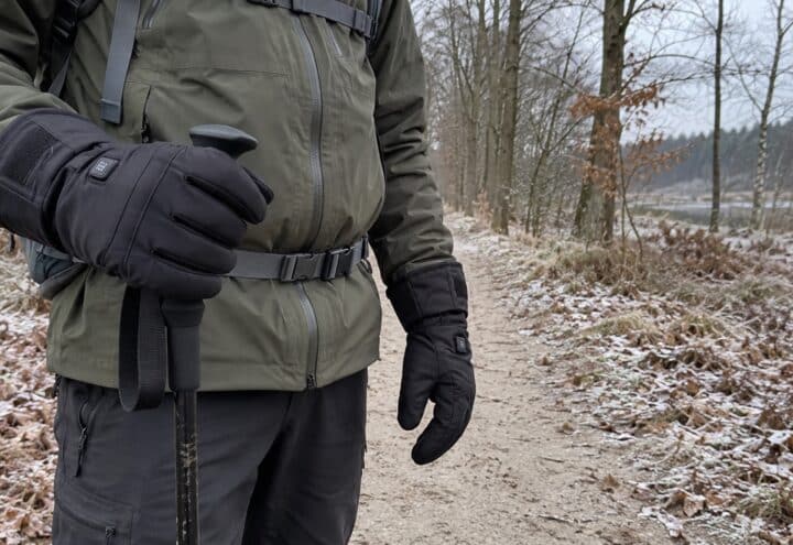 Wandelaar met zwarte verwarmde handschoenen op een besneeuwd bospad