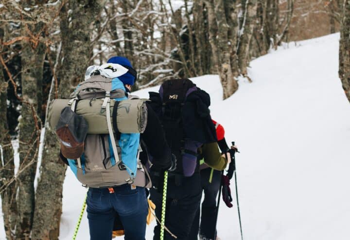 Drie wandelaars met rugzakken lopen door een besneeuwd bos